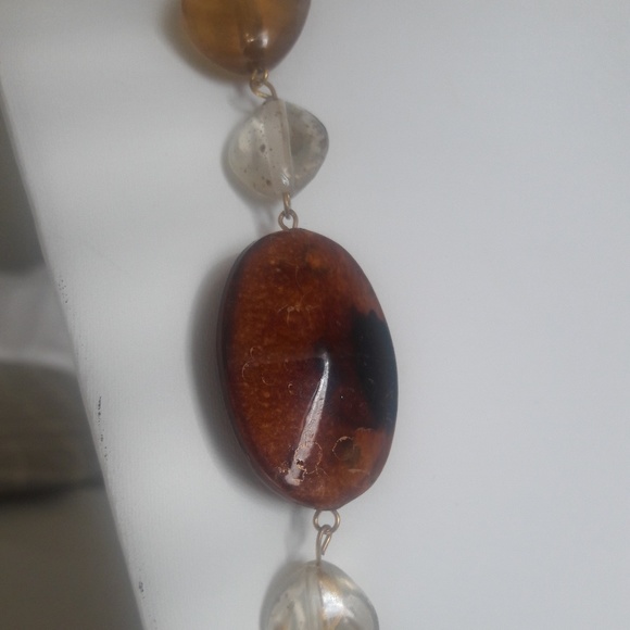 Long Clear and Earth tone beaded necklace - Picture 3 of 4